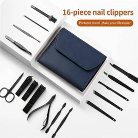 ProBytes 16 Piece Unisex Grooming Kit - His Her Manicure Set, Pedicure, Hand Foot Facial Nail Intimate Personal Care, Leather Case, Travel Essential, Rustproof Powder Coated Steel - Blue