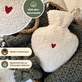 kontor28® - Teddy Heart Hot Water Bottle with Cover Made of Extra Soft 100% Organic Cotton | Perfect Valentine's Day Gift for Her Made in Germany | Hot Water Bottle Heart as Valentine's Day Gift - 1