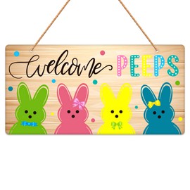 JUESMOS Easter Door Decorations Easter Bunny Welcome Peeps Door Signs Easter Decor Signs Spring Easter Door Hanger Sign Plaque for Wall Home Window Farmhouse Indoor Outdoor Easter Spring Decorations
