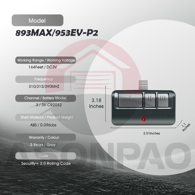 2Pack 953EV/EVC 953ESTD Universal Chamberlain Garage Door Opener Remote, 3-Year-Warranty