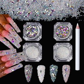 13500Pcs 1.2mm Ultra Mini Rhinestones Pixie Crystals for Nails,AB Nail Crystals Small Gems Glass Diamonds Stones, Micro Sugar Glitter Beads+Shaped Nail Rhinestones Tiny Round Jewels Charms+Wax Pencil