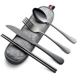 DEVICO Camping Utensils, Portable Travel Utensils with Case, Stainless Steel Reusable Silverware for Lunch Adult, 5Pcs Cutlery Set Includes Knife Spoon Fork Chopsticks and Case (Black)
