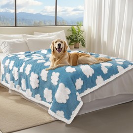Luciphia Waterproof Pet Blanket for Medium Large Dogs Fluffy Thick Fleece Washable Warm Sherpa Calming Flower Print for Cats Puppy (Blue Cloud,85x57 inches)