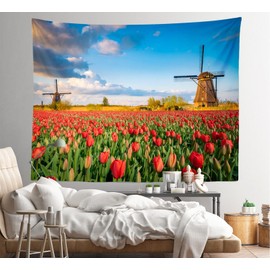 Loccor Charming Netherlands Scenery Tapestry 60''x50'' Dutch Holland Colorful Tulip Flowers Field Windmills Wall Hanging for Wedding Honeymoon Travel Theme Tapestry Home Scenery Wall Decor