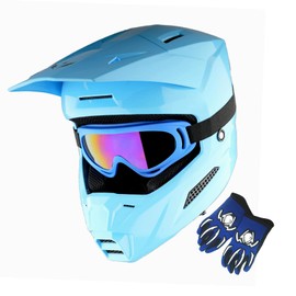 1Storm Youth Motocross Helmet ATV BMX MX Dirt Bike Go Kart Skate Kids Helmet Multi Sports Teenager Glossy Cyan + Goggles + Gloves Bundle