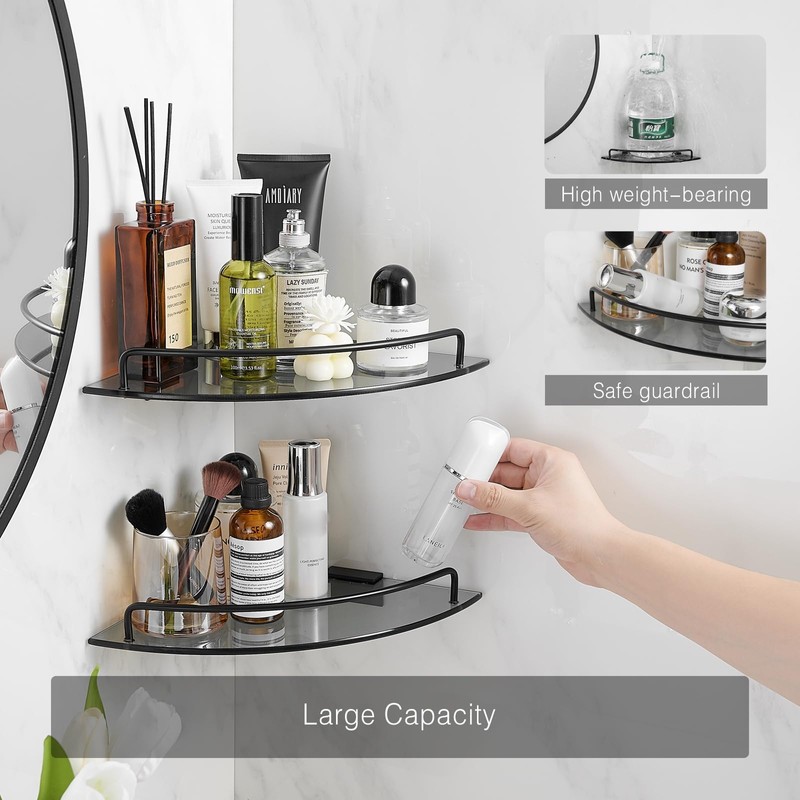 Voldra 2 Pack Glass Corner Shower Shelf for Bathroom Black