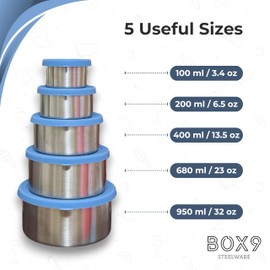 BOX9 Stainless Steel Containers with Lids - Leakproof Containers for Food Storage, Snacks, Lunch - Set of 5
