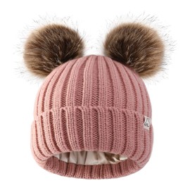 Hat Hut Toddler Beanie Satin Lined Beanie for Baby Winter Hats for Kids Double Pom Pom Beanie for Boys Girls (CA/US, Alpha, One Size, B3-Pink 2 Poms)
