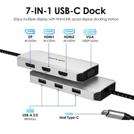 WAVLINK USB C Hub Quad Display, 7 in 1 Laptop Docking Station, Multiport Adapter with Dual 4K HDMI1/HDMI2, 4K DP, VGA, 3 USB2.0 (up to480Mbps), for MacBook/Windows