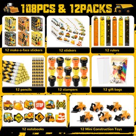 BenLouis 96Pcs Construction Party Favors Excavator Tractor Theme School Stationery Set Bulk for Kids Construction Birthday Party Goodie Bag Stuffers Classroom Gifts Rewards Pinata Filler