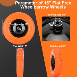 Pontuss Upgraded 16" Flat Free Wheelbarrow Wheels, 4.80/4.00-8 Solid Wheelbarrow Tires with 5/8"&3/4" Bearings,14"-16" Universal Fit Wheelbarrow Tires for Wheelbarrows/Garden Trailer