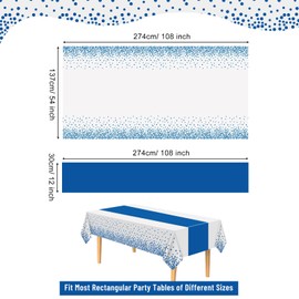 PLULON 12 Pack Plastic Tablecloth and Satin Table Runner Set White and Blue Dot Rectangle Table Covers Blue Satin Table Runner for Wedding Birthday Baby Shower Christmas Party Dinner Table Decorations