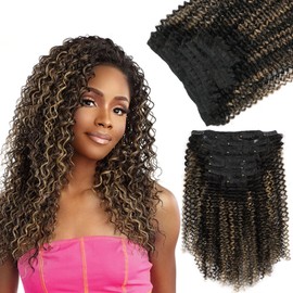 Yuniffe Kinky Curly Seamless Clip in Hair Extensions for Black Women Real Human Hair Extensions Clip ins Black Camel Blonde T Part Double Weft Remy Hair Extensions 12 Inch 7Pcs 120g