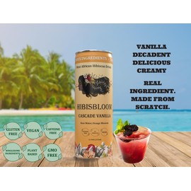 Hibisbloom Cascade Vanilla, Organic Red Hibiscus, Vanilla, Rose Water, Orange Blossom, 8-Pack x 12oz Cans - 25 Calories. Slow Brew from Scratch, 5000mg Hibiscus.