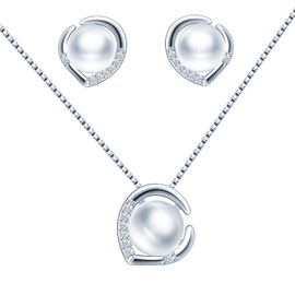 CPSLOVE Pearl Necklace and Earrings for Women Girls, 925 Silver Jewellery Sets, Elegant Pearl Necklaces Pendant, Heart Pearl Earrings, Inlaid Zircon, Silver, Pearl Cubic Zirconia