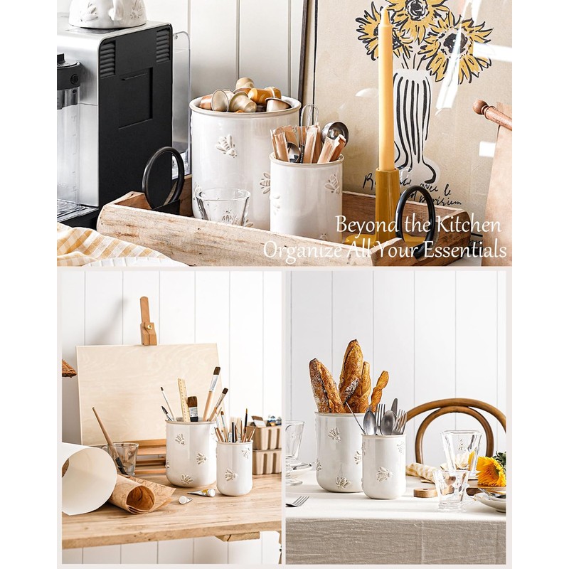 LE TAUCI Utensil Holder for Kitchen Counter - 6.9"+5.3" Ceramic