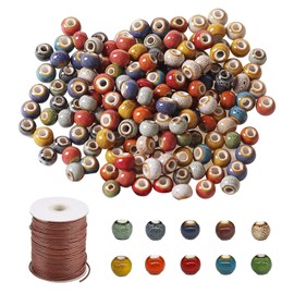 Pack of 200 8 mm Colourful Beads Threading, Craft Beads, DIY Ceramic Beads with 10 Metre Long Roll of Waxed Wire, Ceramic Beads for Threading for DIY Jewellery, Arts, Crafts, Necklace, Bangle,