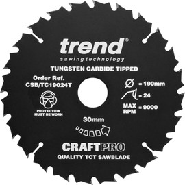 Trend Wood Cordless Circular Saw Blade, 190mm Diameter, 30mm Bore, 24 Teeth, TCT, 1.8mm Kerf, +15° Hook, CSB/TC19024T