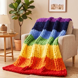 Buryeah Rainbow Chunky Knit Throw Blanket 50"x60" Soft Knitted Throw Chenille Yarn Handmade Crochet Big Thick Blanket Rope Knot Blankets for Couch Sofa Bed Home Decoration