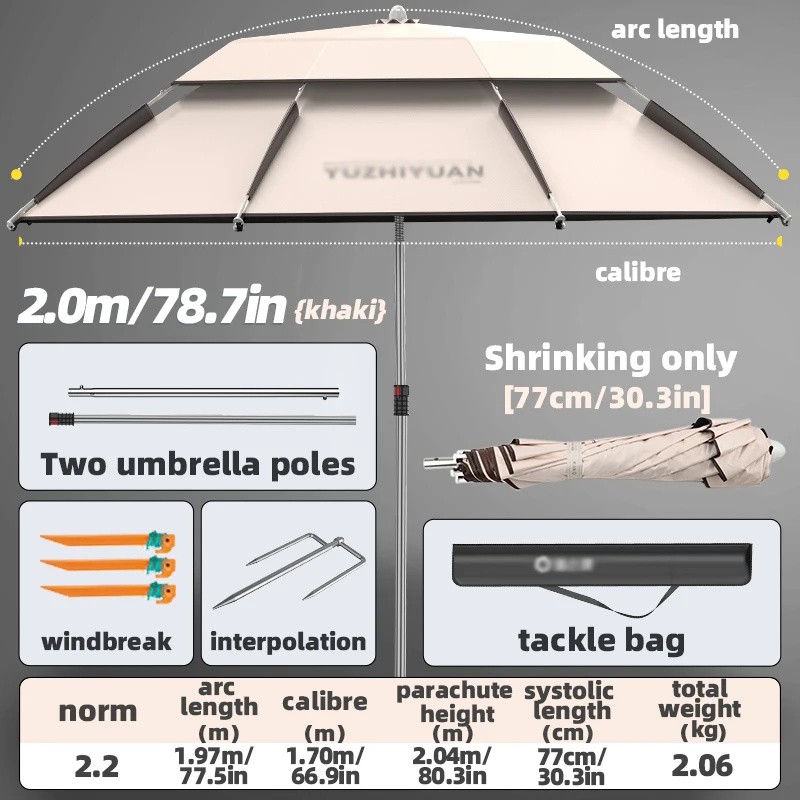 YUZHIYUAN UPF 50+ Fishing Umbrella, Portable Telescopic Beach Sunshade with