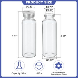 PATIKIL 30ml Sample Vials, 8 Pack Lab Empty Vials with Butyl Rubber Stopper and Crimp Top Caps Borosilicate Glass Vial, Transparent
