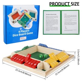 4 Player Shut the Box Game, Wooden Board Games, 4-Sided Shut the Box Game Set with 8 Colored Dices for Kid Adult, Traditional Educational Learning Table Dice Math Games for Family Party Pub Bar Travel