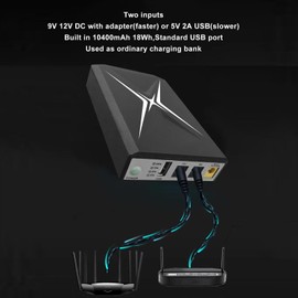 10400mAh Mini UPS Battery Backup, Uninterruptible Power Supply with 2 Inputs, Supports 9V 12V DC Inputs, Multiple Intelligent Protections for Security Camera, Router, and