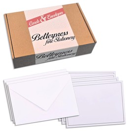 Set of 50 Blank Card Set Compliment Cards Envelopes, Envelopes, Postcard Cards Blank for Designing, Labelling or Printing – DIN A6+ / C6 – White with Frame (White)