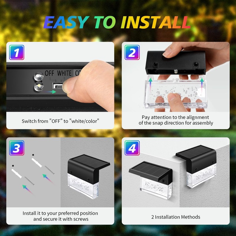 6 Pack Solar Fence Lights, 2 Lighting Modes Step Lights