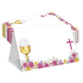 Tranfvging Baptism Place Cards, Pink Floral, Religious Themed, 25 Cards Included