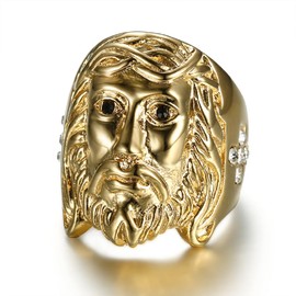 Gold Jesus Head Ring for Men Rock Jesus Face Ring, Classic Jesus God Ring Sparkly Jesus Cross Ring Men’s Vintage Christ Jesus Head Jewelry Iced Out Christian Jesus Cross Ring (12)