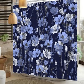 Sillsloso Blue White Flowers Shower Curtain Vintage Plant Abstract Watercolor Floral Bath Curtain Boho Navy Blue Botanical Flowers Bathroom Polyester Fabric Curtains with Hooks 72x72 inch
