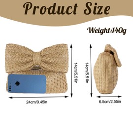 GMYIAK Luxury Bow Straw Bag for Women Crochet Tote Handbag Woven Purse Beach Rattan Female Clutch Bag for Summer Party or Wedding, gold