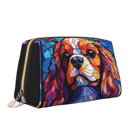 Novgift King Charles Cavalier Stained Dog Breed Glass Art Leather Makeup Bag Travel Cosmetic Bag For Women Large Capacity Makeup Pouches
