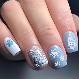 Christmas Bling Blue Press on Nails Short Square Fake Nails with Christmas Tree Snowflake Designs Silver Glitter False Nails Winter Xmas Glue on Nails Artificial Stick on Nails for Women Girls 24Pcs