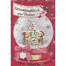 Christmas Card for Granddaughter and Partner, Snowglobe Design with Teddies, 20 x 14 cm