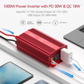 BESTEK 1000W Car Power Inverter, DC 12V to 110V Car Power Converter with 2 AC Outlets/30W PD USB-C/18W Quick USB A Charge Multi-Protection 1000 watt Power Inverter for Vehicles/Car/RV/Home