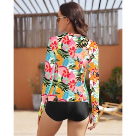 WOWENY Rash Guard Shirts for Women Long Sleeve with Thumb Holes Sun Shirts UPF50+ Swimsuit Bathing Suit Top Only (Tropical Flowers, M)