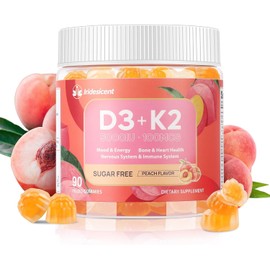 Vitamin D3 K2 Gummies with Magnesium – 5000 IU D3 + 100 mcg K2 (MK-7) – Sugar-Free Vegan Supplement for Women & Men – Peach Flavor – 90 Count