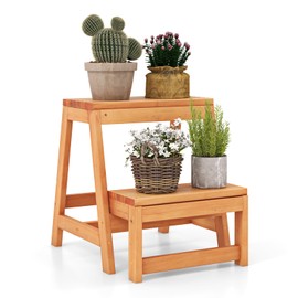 S AFSTAR Folding Plant Stand, 2-Tier Wooden Step Ladder Flowerpot Shelf, Multipurpose 2-Step Ladder Wood Stool Plant Rack, Indoor Outdoor Plant Display Shelf for Garden Balcony Living Room Home
