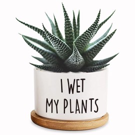 DOFAFALA I Wet My Plants Funny White Mini 3.5 inch Ceramic Flower Planter Pot with Drainage and Bamboo Tray, Cactus Pot, Mini Succulent Pots, Housewarming Gift for Women, Friends, Coworker
