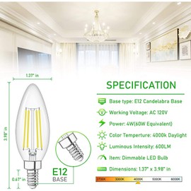 winshine E12 Candelabra LED Bulbs Dimmable 4000K Daylight 60W Equivalent,Type B Light Bulb for Chandelier, C35 Ceiling Fan Light Bulb Clear Glass,600LM,6 Pack
