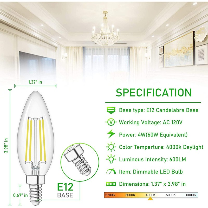 winshine E12 Candelabra LED Bulbs Dimmable 4000K Daylight 60W Equivalent,Type