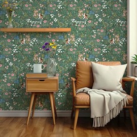 Heroad Floral Peel and Stick Wallpaper Green Wallpaper Boho French Country Contact Paper Vintage Cat Birds Removable Self-Adhesive Wall Paper for Bedroom Kitchen Cabinets Decoration Vinyl 17.3”x78.7”