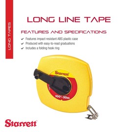 Starrett Retractable Imperial/Metric Long Line Tape with ABS Plastic Case and Folding Hook Ring - 100' Length, 3/8" Width, L6 Graduation Style Number - KTS510-100ME-N