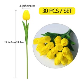 KOILLUXU Artificial Flowers 30pcs Bouquet 14" Tall Real Touch Tulips, Yellow PU Fake Tulips Flowers for Arrangement Wedding Party or Easter Spring Home Centerpiece Dining Room Office Table Decoration