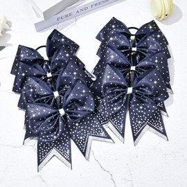 8PCS Glitter Cheer Bow Large Cheer Bows Rhinestones Hair Bows Girls 8"Cheerleading Bows Bulk Elastic Band Ponytail Holder for Teen Girls College Sports Competition Blue