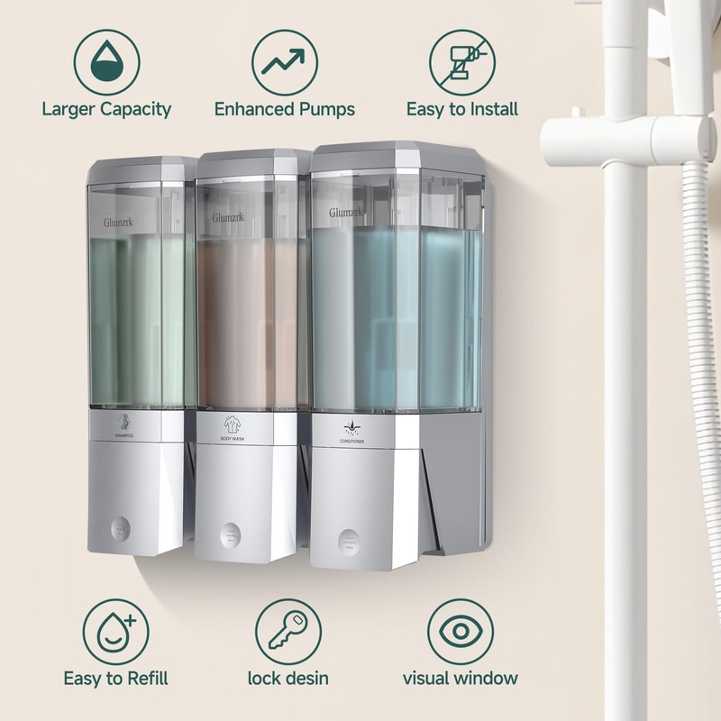 Shampoo and Conditioner Dispenser 3 Chamber No Drill Shower Soap