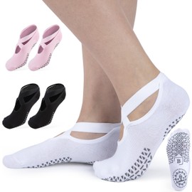 Balcony Bazaar Pilates Grip Socks with Straps for Women, 3 Pairs of Non-Slip Grip Socks, Yoga Barre Athletic Socks