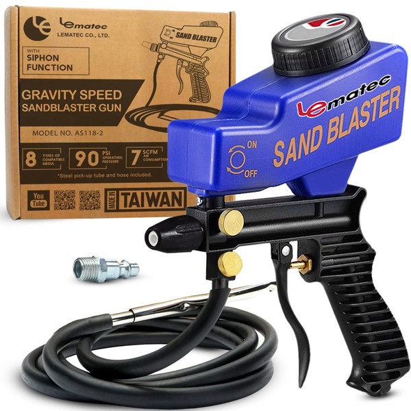LE LEMATEC Sand Blaster Gun Kit for Air Compressor, Paint/Rust Remover for Metal, Wood & Glass Etching, Up to 150 PSI Continuous Blasting Media for Aluminum, Sand & Soda Blaster Jobs, Blue (AS118-2)